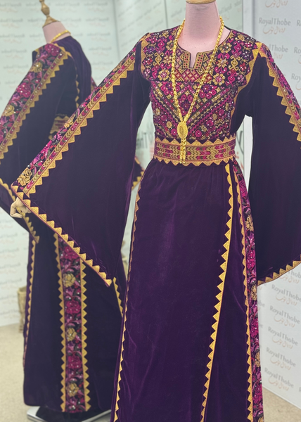 Velvet Dark Burgundy/ Purple Simple Floral Long Embroidered Thobe/Dress