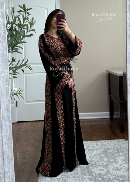 Black/Olive Green Elegant Floral Full Embroidered Thobe