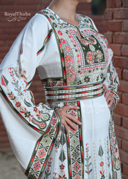 New White/Green Flower Maleka Long Full Embroidered Thobe