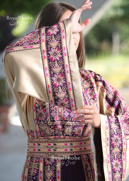 Purple/Beige Long Full Embroidered Thobe With Reversible Beige Satin Belt