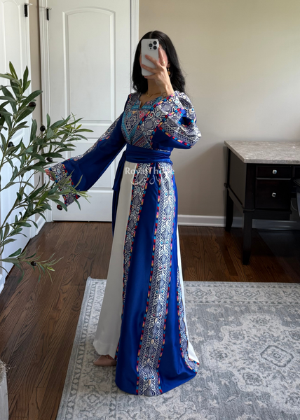 White/ Blue Satin Classic Full Embroidered Thobe