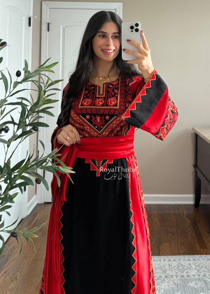 Black/Red Classic Simple Satin Long Full Embroidered Thobe