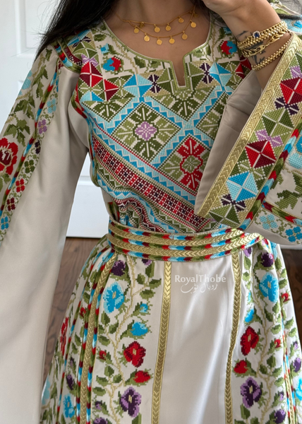 Beige/Cream Colorful Wardeh Kasab Long Full Embroidered Thobe
