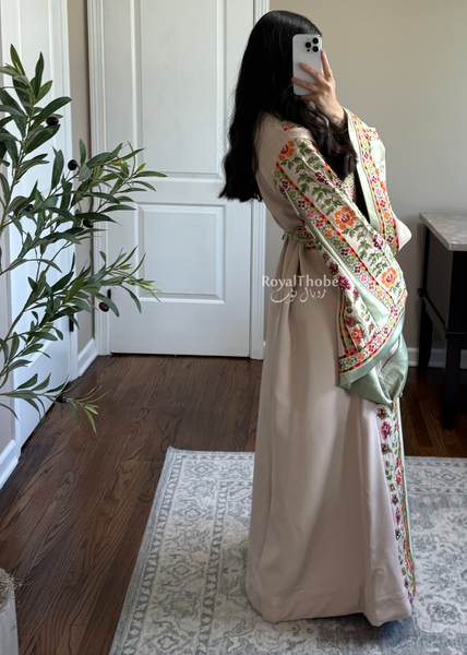 Beige/Sage Floral Long Full Embroidered Thobe