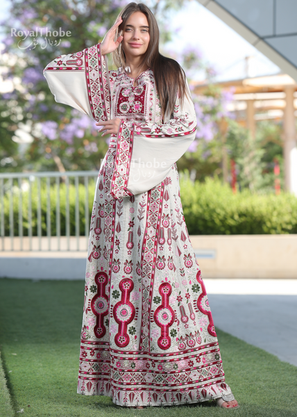 Beige/Burgundy Flower Maleka Long Full Embroidered Thobe