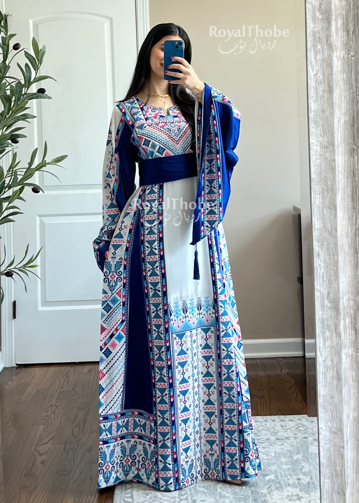 White/Blue Triangle Full Embroidered Thobe 2 White/Blue Triangle Full Embroidered Thobe 2