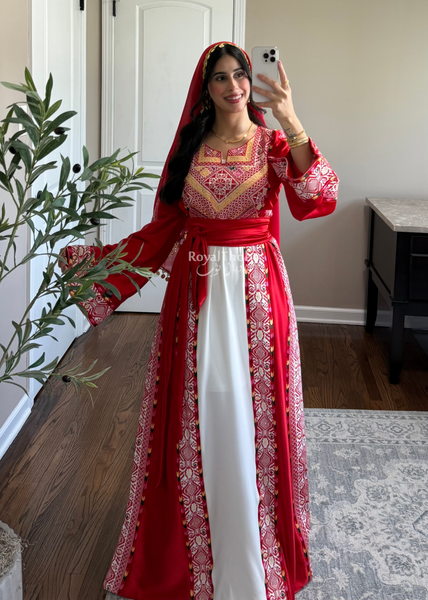 White/ Red Satin Classic Full Embroidered Thobe