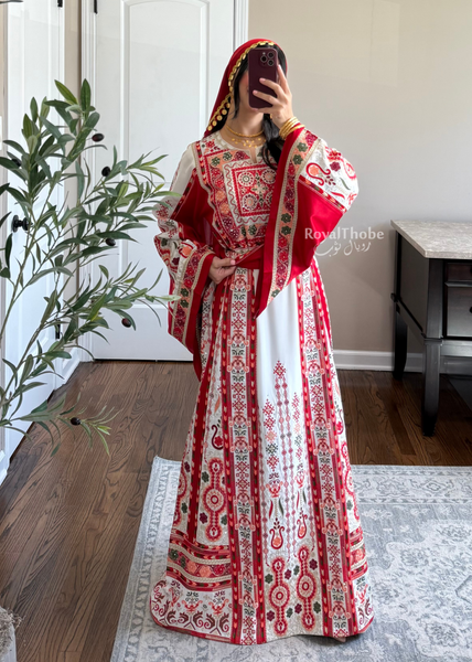 White/ Red Satin Maleka Kasab Full Embroidered Thobe
