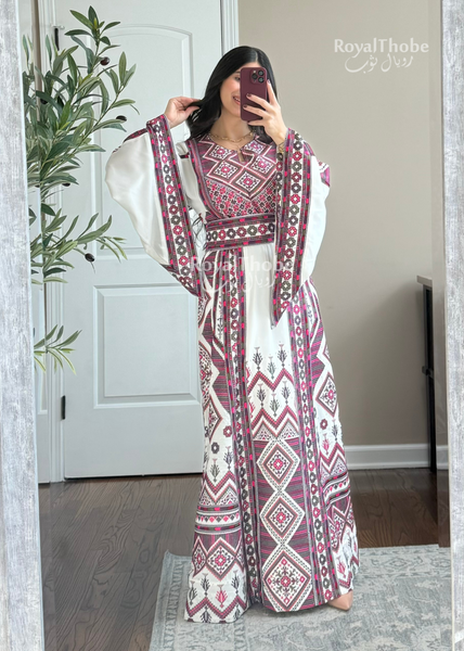 White/Purple Dimond Long Full Embroidered Thobe