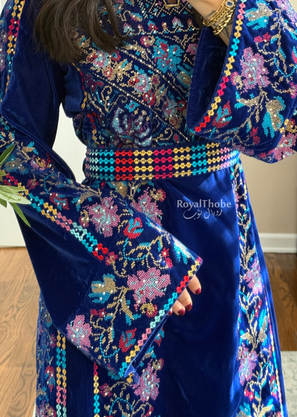 Velvet Royal Blue Floral Long Fully Embroidered Thobe