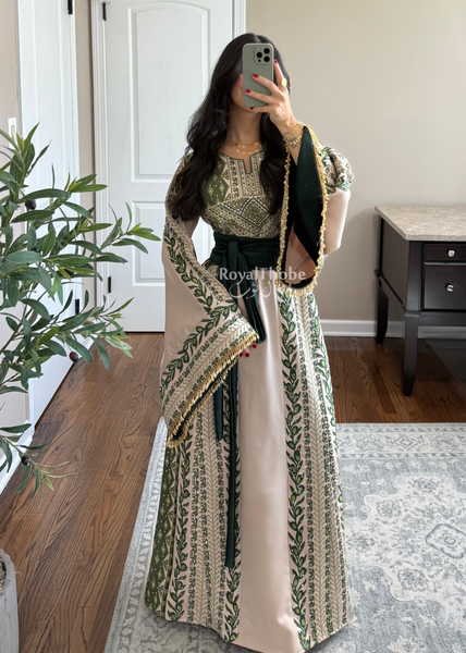 Beige/ Olive Green Zaytona Branches Full Embroidered Thobe With Fringe Sleeves