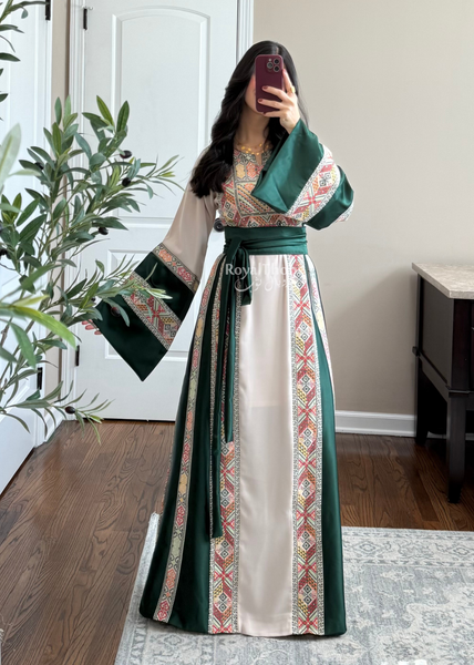 Beige/Olive Green Simple Full Embroidered Thobe