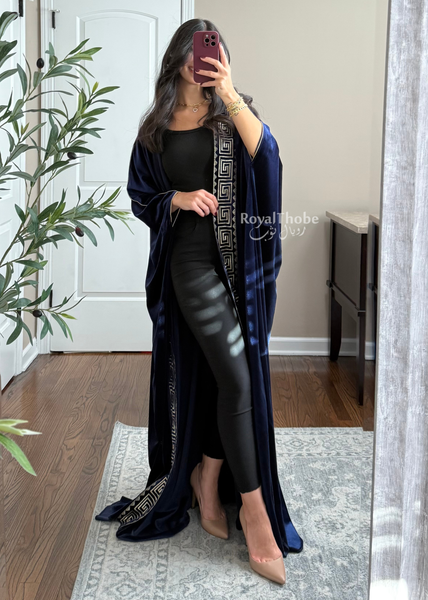 Navy Blue Velvet Kasab Gold Squares Bisht  -Free Size