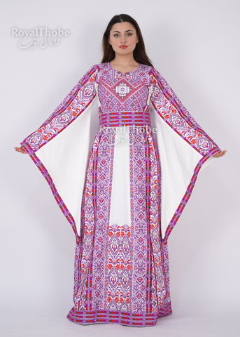 White/Purple Bridal Long Full Embroidered Thobe