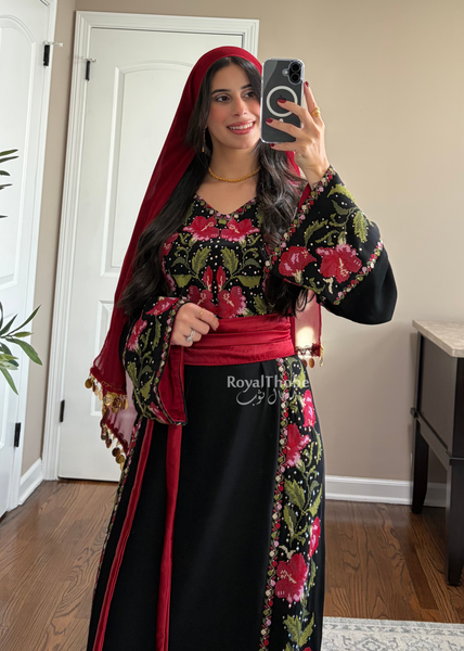 Floral Black/Red Long Full Embroidered Thobe