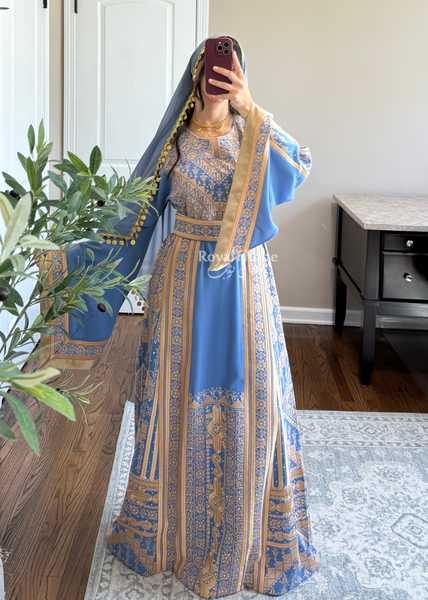 Blue /Gold Flower Malekah Full Embroidered Thobe