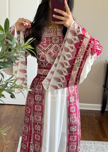 White/ Pinkish Maroon Simple Full Embroidered Thobe