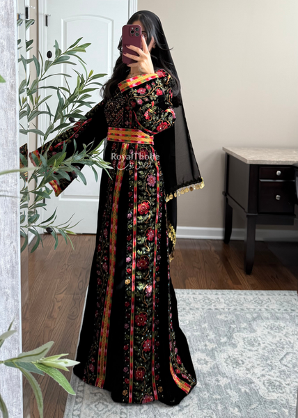 Velvet Black Floral Manajel Long Fully Embroidered Thobe