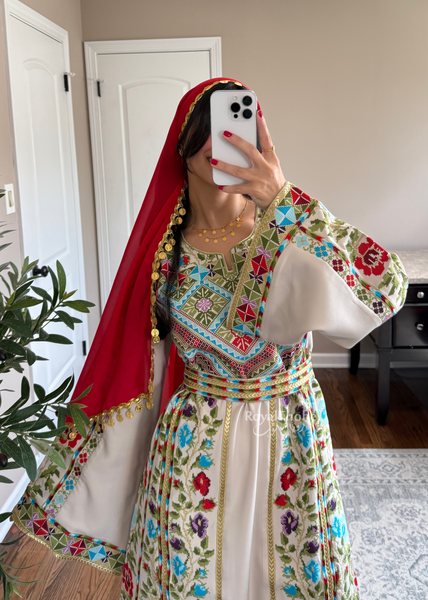 Beige/Cream Colorful Wardeh Kasab Long Full Embroidered Thobe