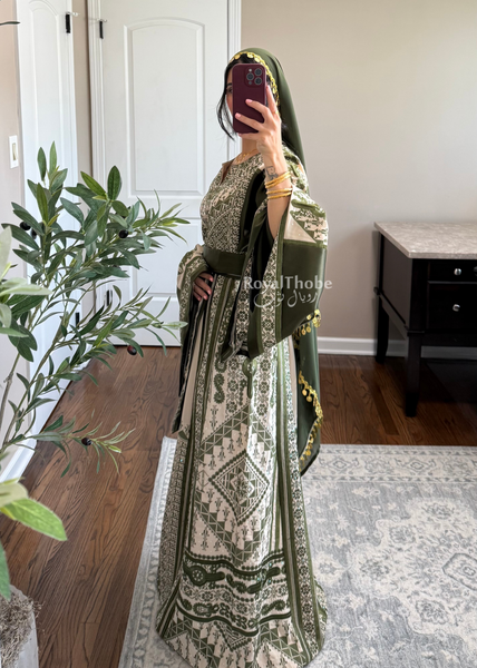 Beige/ Olive Green Malekah Full Embroidered Thobe