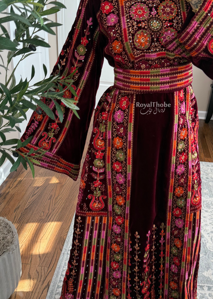Velvet Burgundy Maleka Floral Long Fully Embroidered Thobe