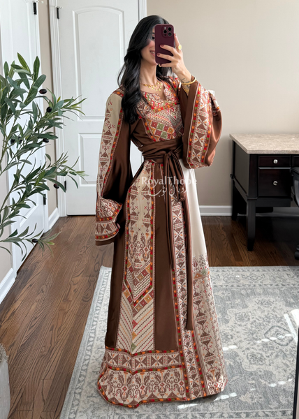 Beige/Brown Triangle Full Embroidered Thobe