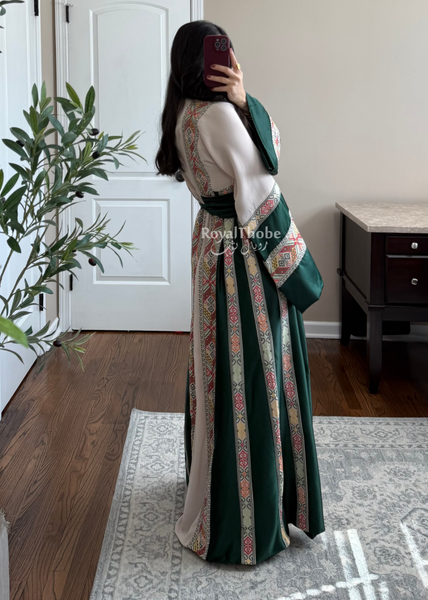 Beige/Olive Green Simple Full Embroidered Thobe
