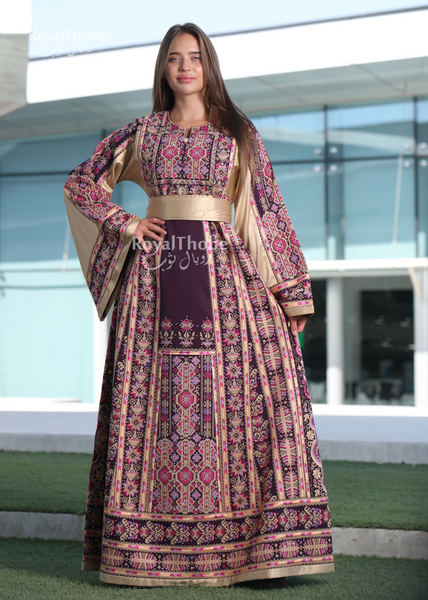 Purple/Beige Long Full Embroidered Thobe With Reversible Beige Satin Belt