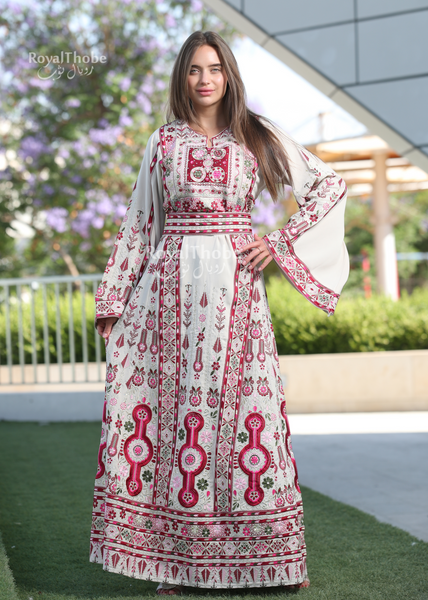 Beige/Burgundy Flower Maleka Long Full Embroidered Thobe