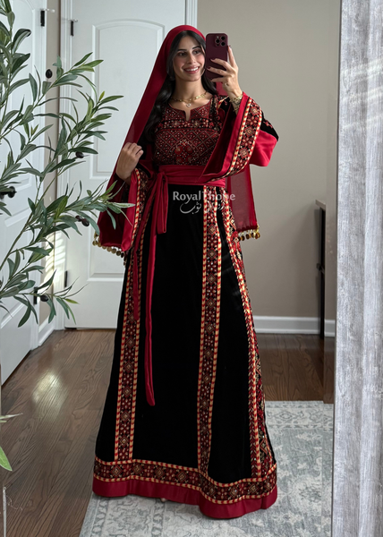 Velvet Black/Burgundy Simple Long Fully embroidered Thobe