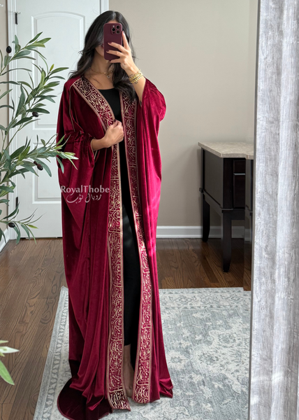 Burgundy Velvet Arabic Letter Bisht -Free Size