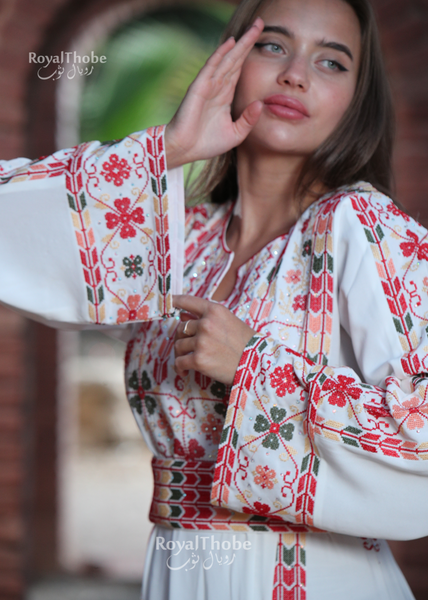 White/Red Simple Flower Long Full Embroidered Thobe