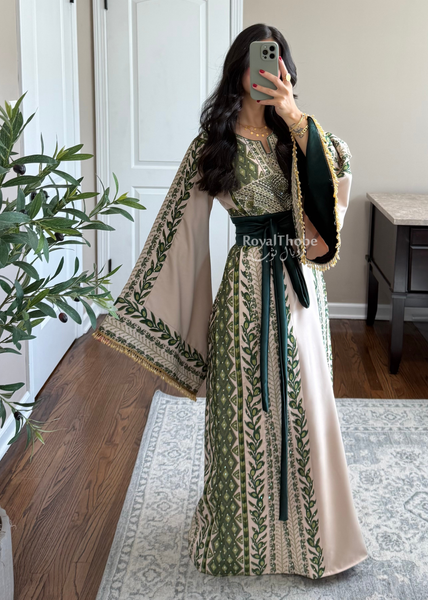 Beige/ Olive Green Zaytona Branches Full Embroidered Thobe With Fringe Sleeves