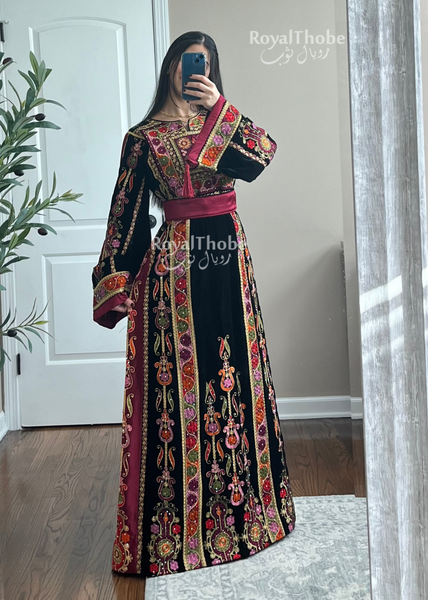 Velvet Black Maleka Long Full Embroidered Thobe With Red Reversible Satin Belt