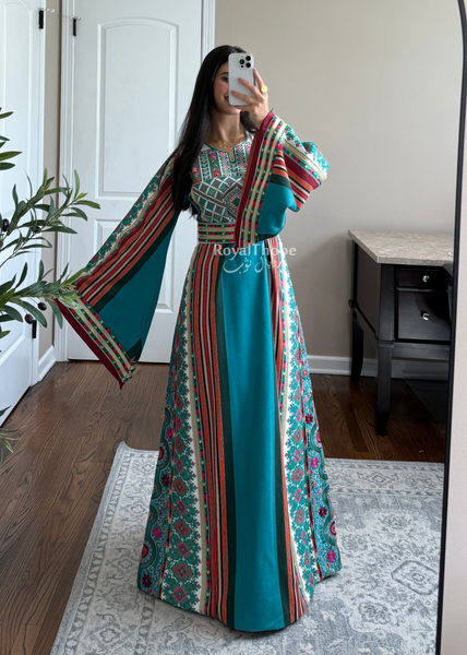 Turquoise Majdlawe Kasab Long Full Embroidered Thobe