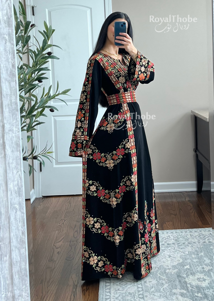 Black/Gold Simple Flowers Full Embroidered Thobe