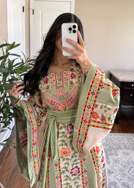 Beige/Sage Floral Long Full Embroidered Thobe
