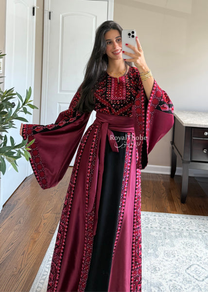 Black/Burgundy Long Full Embroidered Thobe