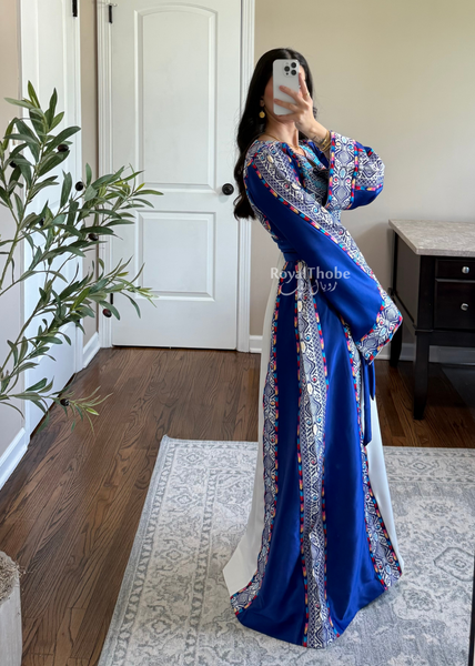 White/ Blue Satin Classic Full Embroidered Thobe