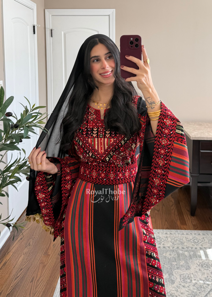 Black/Red Majdlawe Long Full Embroidered Thobe