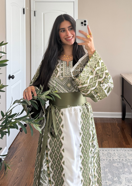White/ Olive Green Zaytona Full Embroidered Thobe
