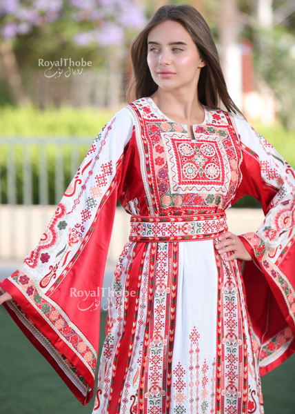 White/Red Flower Maleka Full Embroidered Thobe With Red Satin Reversible Belt