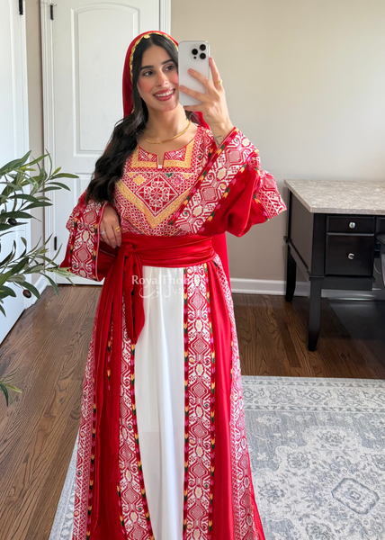White/ Red Satin Classic Full Embroidered Thobe