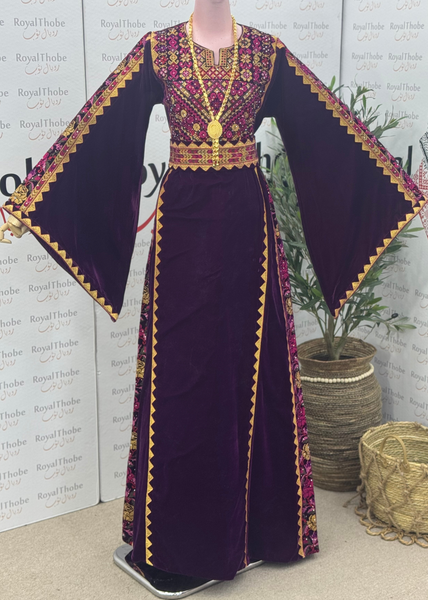 Velvet Dark Burgundy/ Purple Simple Floral Long Embroidered Thobe/Dress