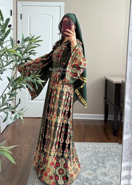 Olive Green Satin & Black Velvet Maleka Fully Embroidered Thobe