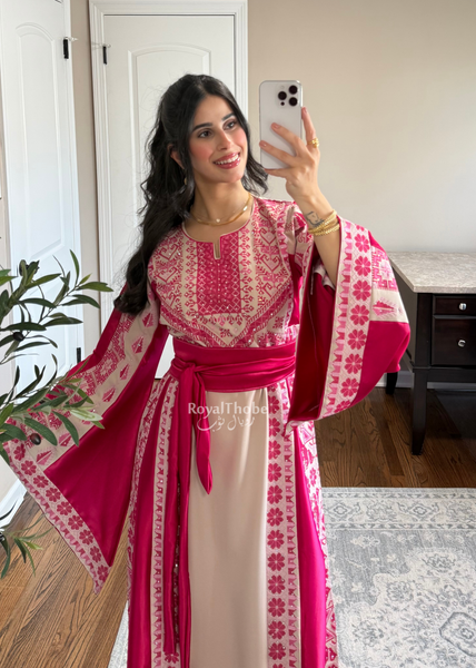 Beige/Pink Floral Long Full Embroidered Thobe
