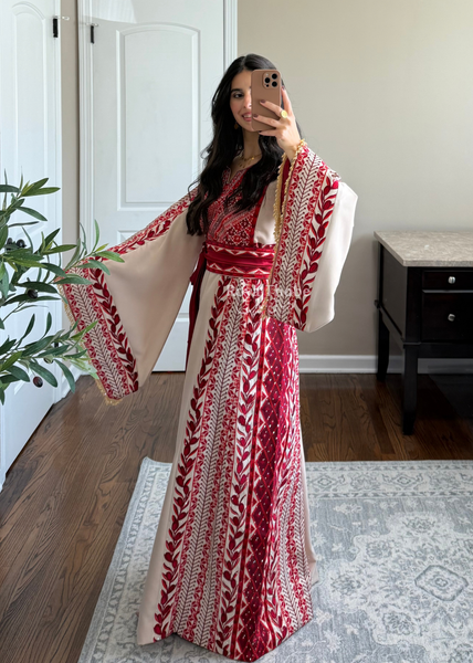 Beige/ Burgundy Zaytona Branches Full Embroidered Thobe