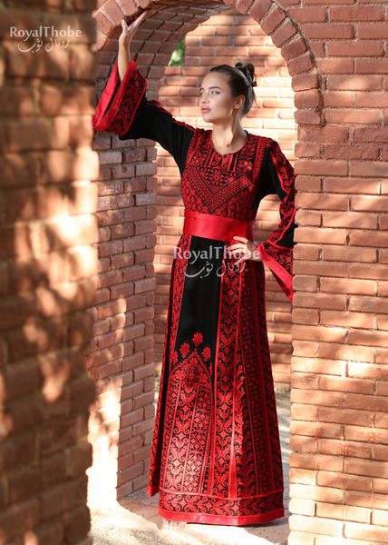 Black/Red A Cut Long Full Embroidered Thobe With Reversible Red Satin Belt