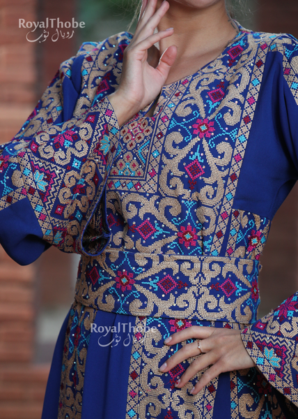 Royal Blue Simple 6 Lines Flower Full Embroidered Thobe