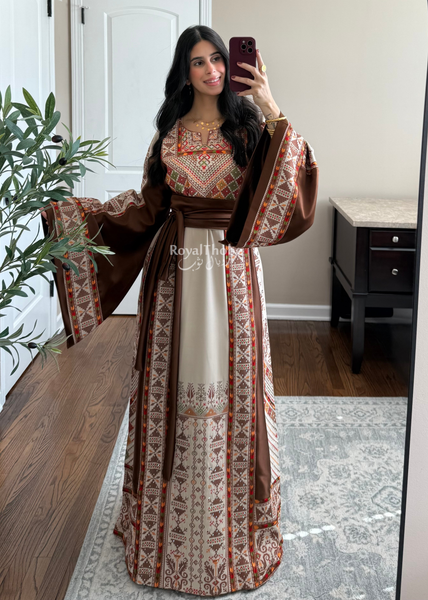 Beige/Brown Triangle Full Embroidered Thobe